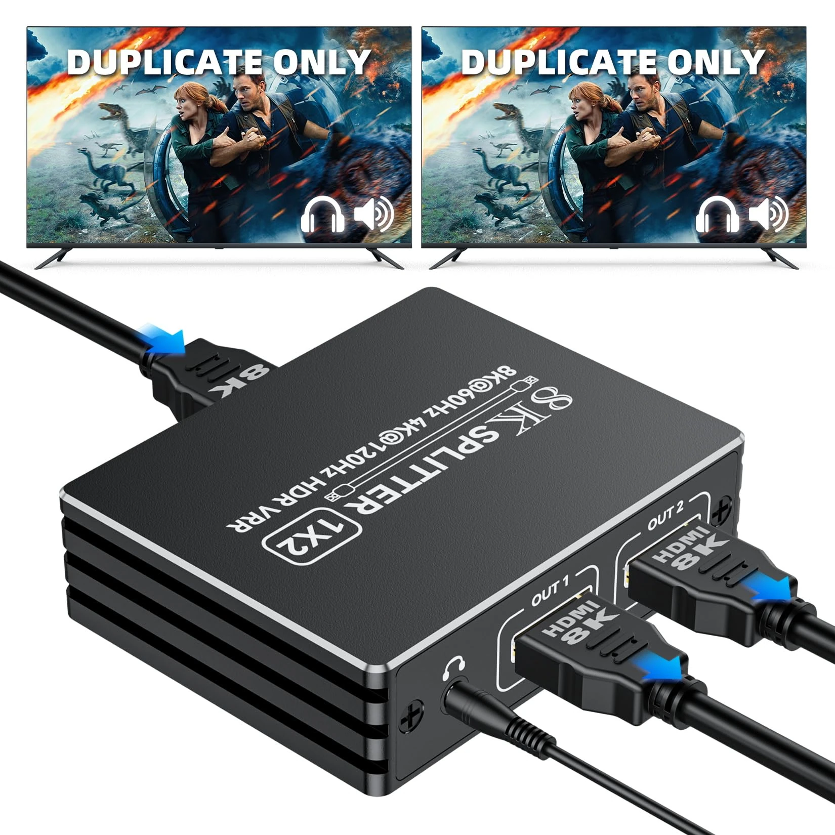 HDMI 2.1 Splitter 1 in 2 out 4K 120Hz 8K 60Hz with Audio Out, BolAAzuL 1x2 HDMI Y Splitters Powered Plug&Play for Dual Monitors Duplicate, Low Latency, Support HDCP 2.3 HDR for PS5/Xbox/PC/TV