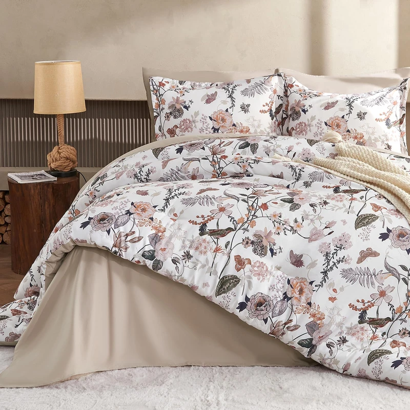 7 Piece Queen Comforter Set,Dusty Pink Butterfly Floral Comforter Set with Flowers Leaves Pattern，Soft Microfiber Complete Bedding Set for All Season(Dusty Pink, Queen)
