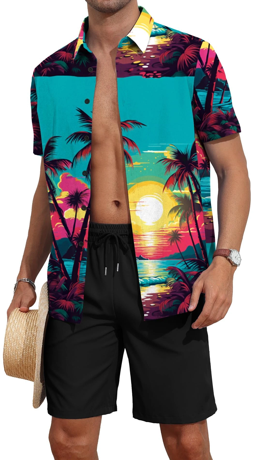 AIYINO Men's Hawaiian Shorts Sets Hawaiian Shirts for Men UK Summer Shirts Shiteshirts Tropical Short Sleeve Casual Shorts with Pockets Sunset L
