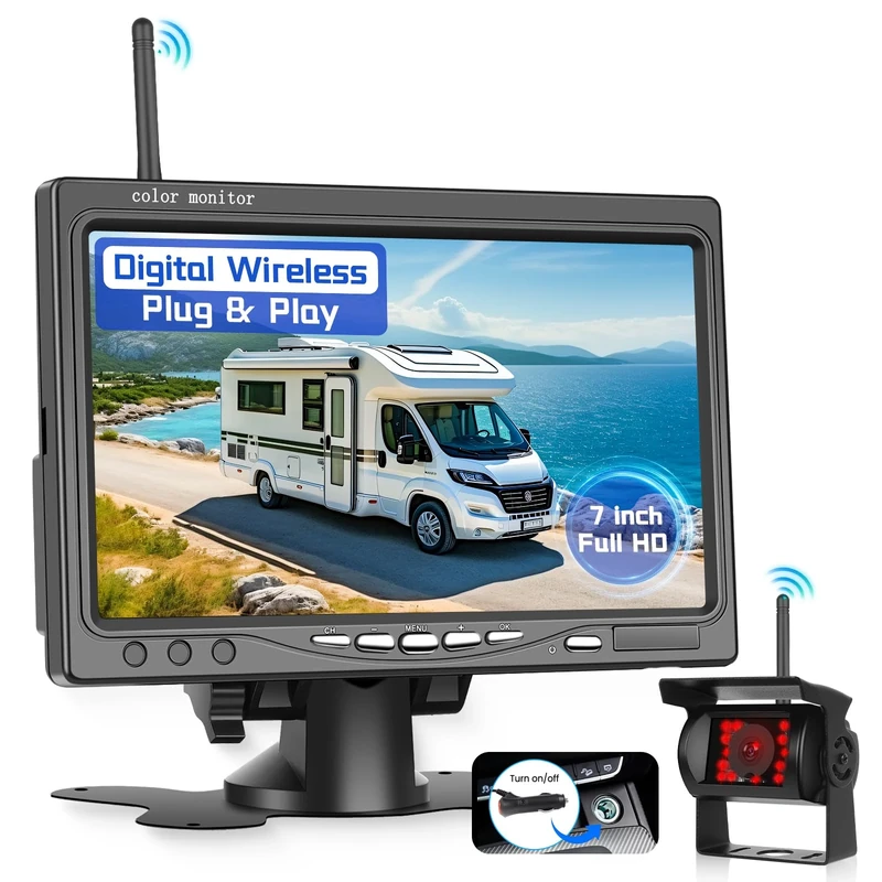 Hodozzy Wireless Reversing Camera Kit - 7 Inch 1080P IPS Monitor + 1 Backup Camera, BSD, 18 IR Night Vision IP68 Waterproof, DIY Parking Lines & Image Flip, 12-36V for Van/RV/Truck/Pickup