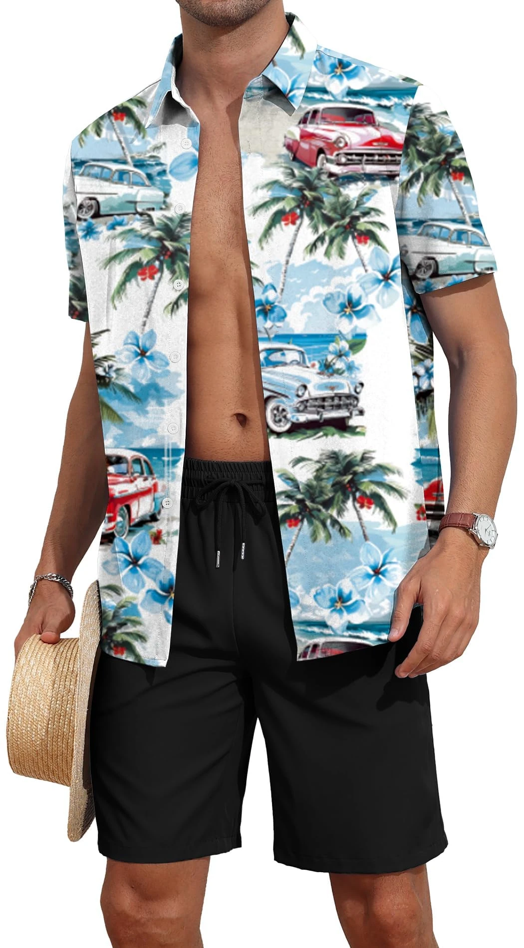 AIYINO Hawaiian Shirt and Shorts Set for Mens Button Down Shirts Summer Beach Shorts Sets Car White L