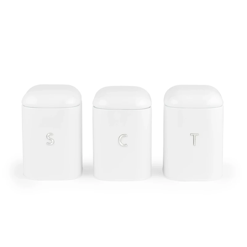 Salter Boston 3-Piece Canister Set – Tea, Coffee, Sugar Tins, Embossed Lettering, Durable Steel, Long-Lasting Freshness, Stylish Kitchen Food Storage Tins, Easy-Open Lids, Ice White Shimmer Finish