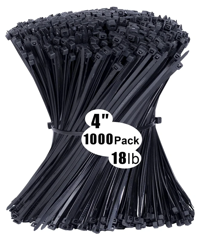 1000 Pack Cable Ties Black 4 inch, 100mm x 2.5mm Zip Ties Long 18 lbs Tensile Strength with UV Resistant, Nylon Plastic Self Locking Small Cable Wrap for Tidy Wires Home Workshop and Garden