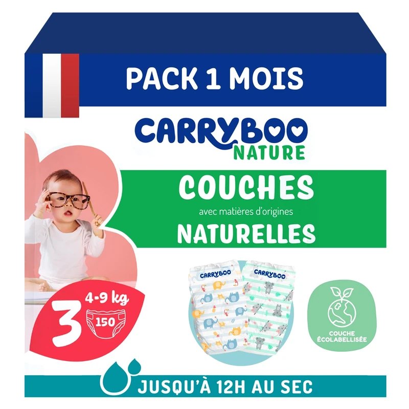 Carryboo - Nappies Size 3 4-9 kg - Ecological Baby Diapers - Natural Baby Care, Hypoallergenic, Fragrance Free and Leak Proof - Made in France - 150 Items - 1 Month