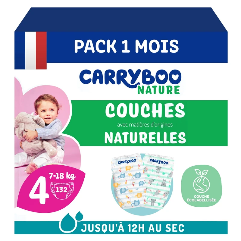 Carryboo - Nappies Size 4 7-18 kg - Ecological Baby Diapers - Natural, Hypoallergenic, Fragrance Free and Leak Proof Baby Care - Made in France - 132 Items - 1 Month