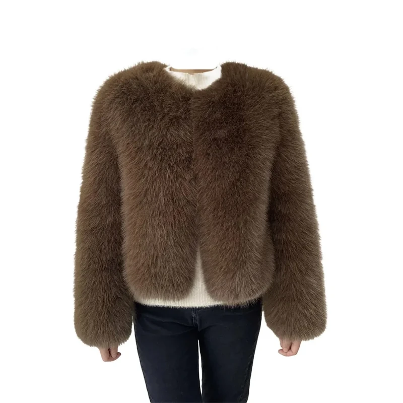Street Fashion Luxury Faux Furss Coat Women Winter Fluffy Short Furss Jacket, Dark Khaki, 3XL