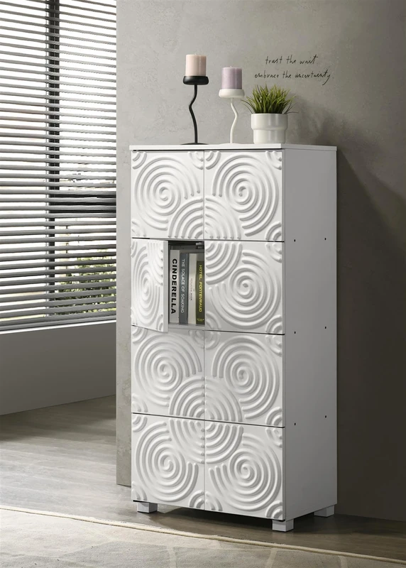 TAD TIMBER ART DESIGN UK Essential Shoe Cabinet 4 Tier Shoe Rack Wooden Storage Unit Swirl Pattern 8 Door Cupboard Modern Furniture for Living Room, Bedroom, White - W60cm x H82.7cm x D33cm