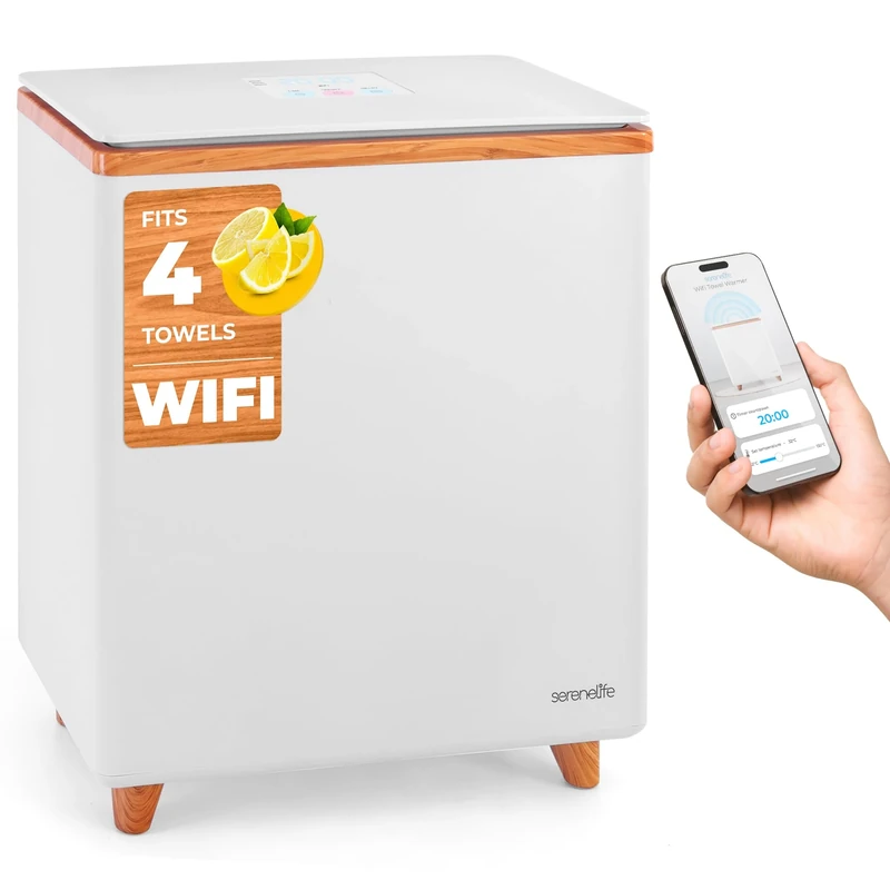 SereneLife WiFi Towel Warmer – Luxury Rectangle Spa & Bathroom Heater with Custom Fragrance, Auto Shut-Off, Fits 2 Large Towels, Blankets, Bathrobes, PJ's – Perfect Gift for Him & Her (Natural)