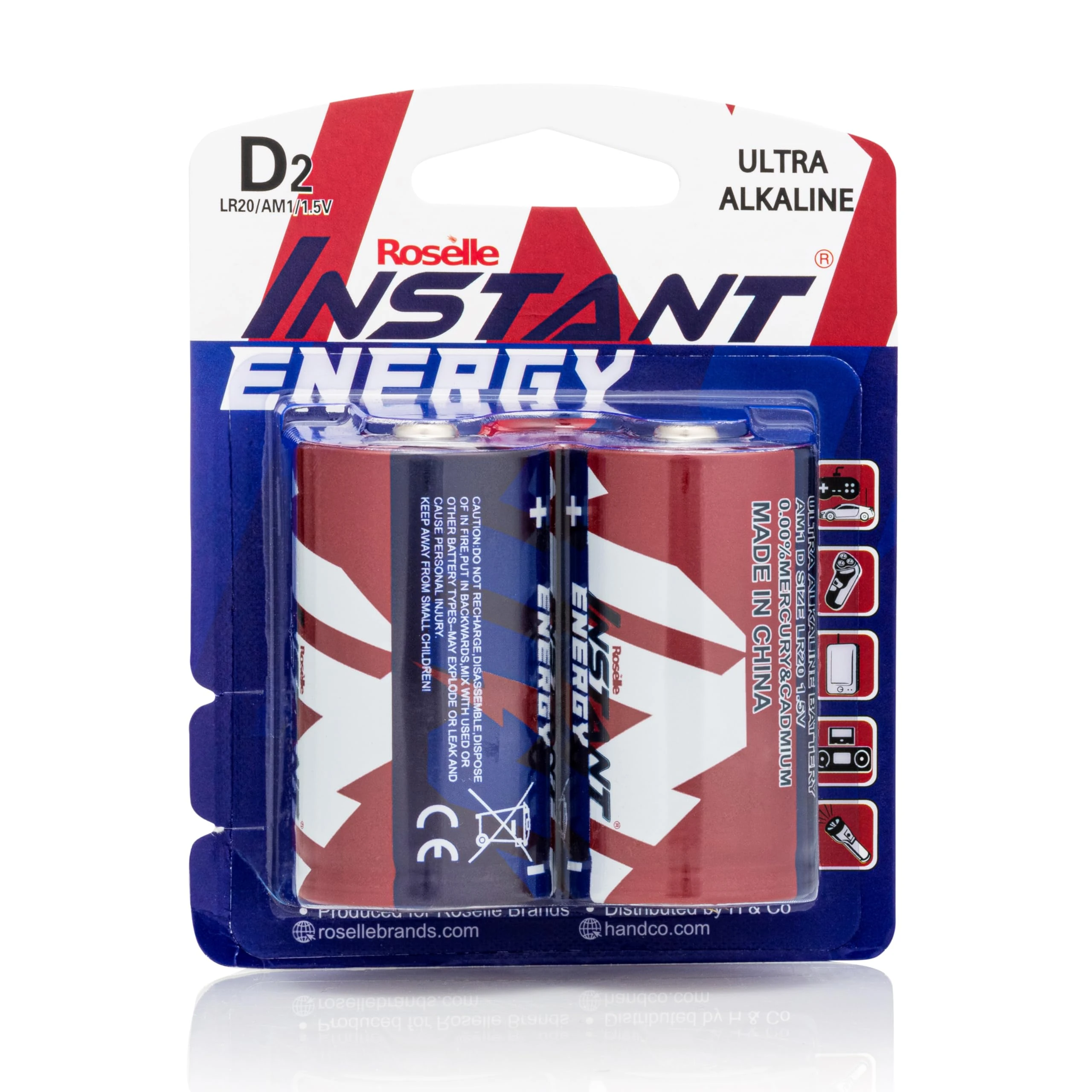 Roselle Instant Energy Ultra Alkaline D Size Batteries, LR20/AM1/1.5V, Pack of 2