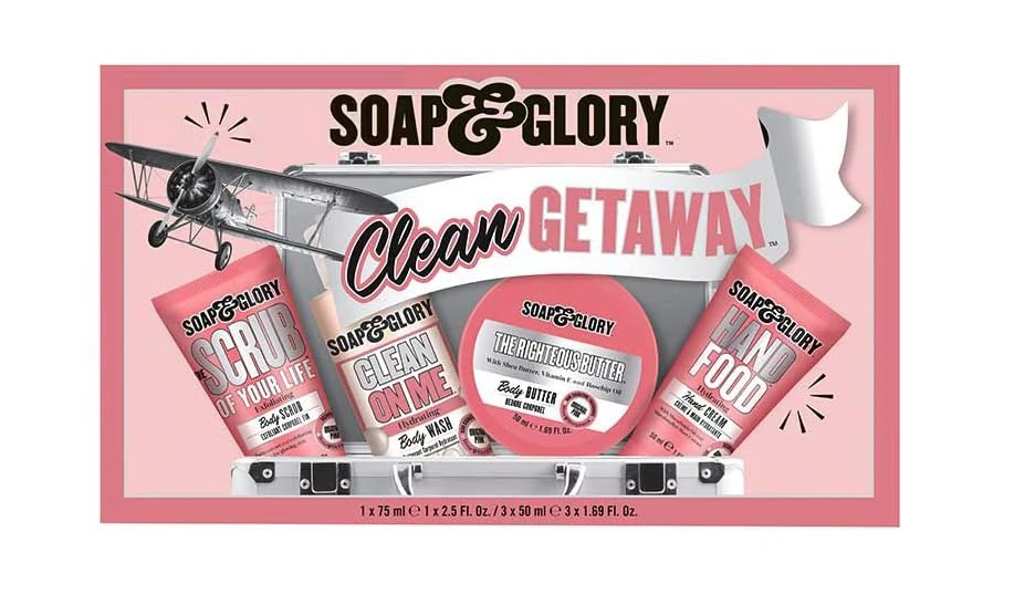Soap and Body Glory Clean getaway Clean on me body wash, scrub of your life, the righteous butter, hand food hand cream Pink gift set - Travel Size