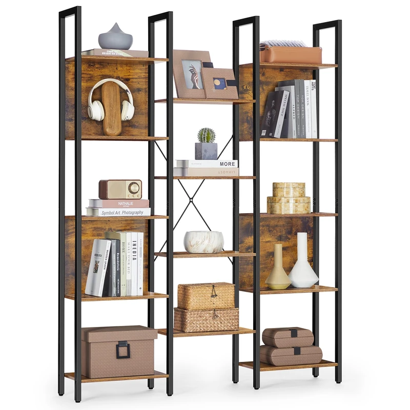VASAGLE Bookcase, Bookshelf with 14 Shelves, Metal Frame, Shelf Unit for Living Room, Home Office, Industrial Style, 24 x 128 x 166 cm, Rustic Brown and Ink Black LLS157K01