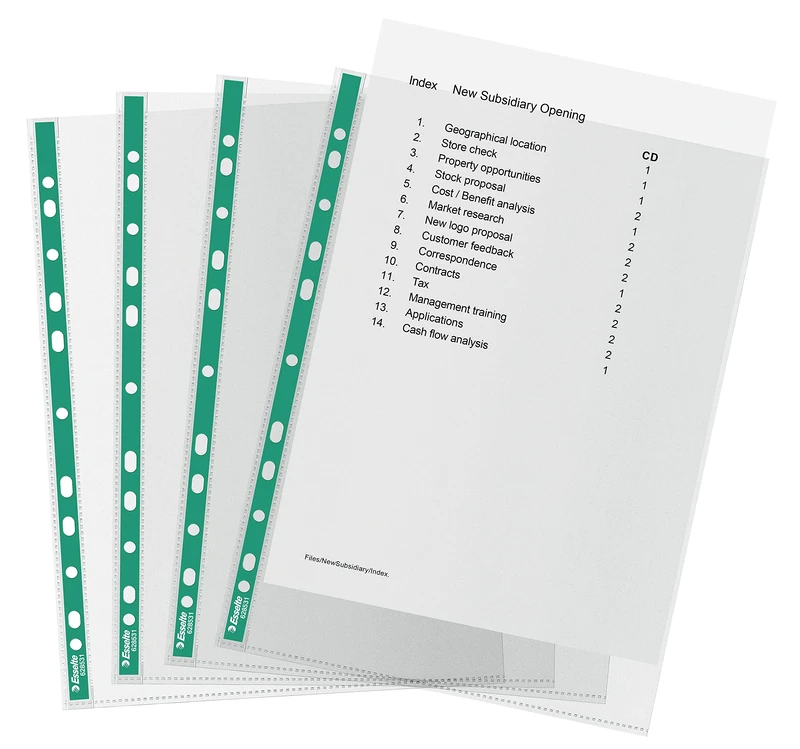 Esselte A4 Punched Pockets, 1000 x PP Pockets, 34 Microns Thick, Embossed A4 Pockets with Reinforced Green Back, Ideal for Lever Arch Files (5 Packs of 200), 628532
