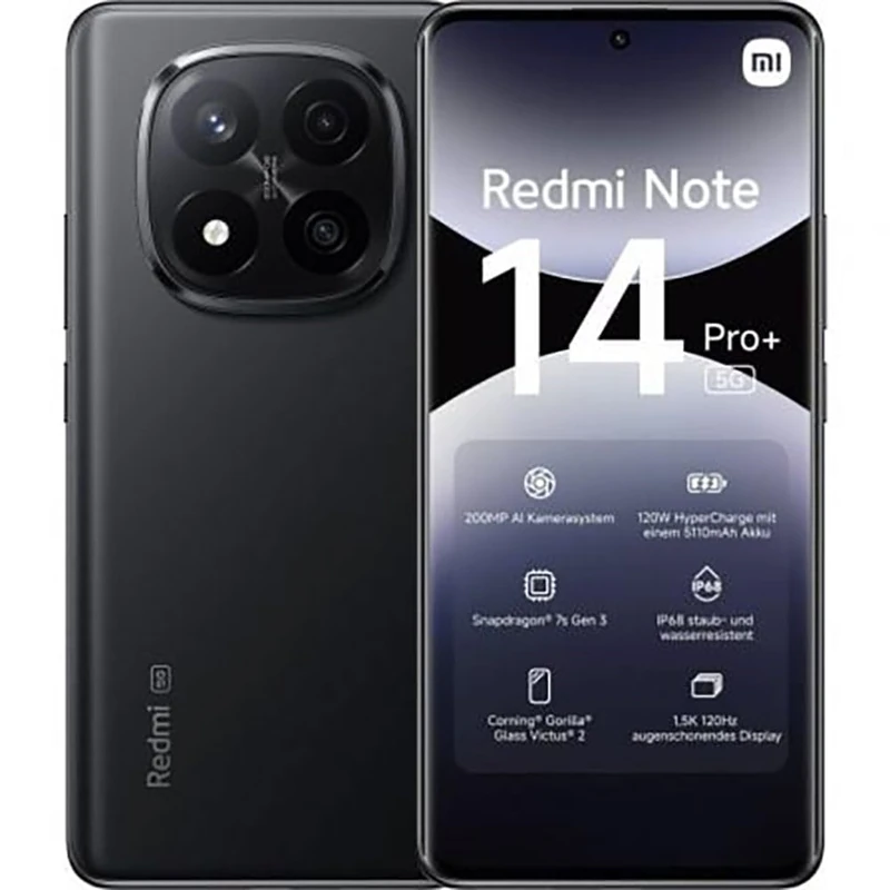 Xiaomi Redmi Note 14 Pro+ 5G Smartphone, 8GB RAM 256GB, 6.67-inch 1.5k AMOLED Display, Fingerprint Sensor, 200MP Digital Camera, Dual SIM, 5G, NFC, 120W Fast Charge, Black