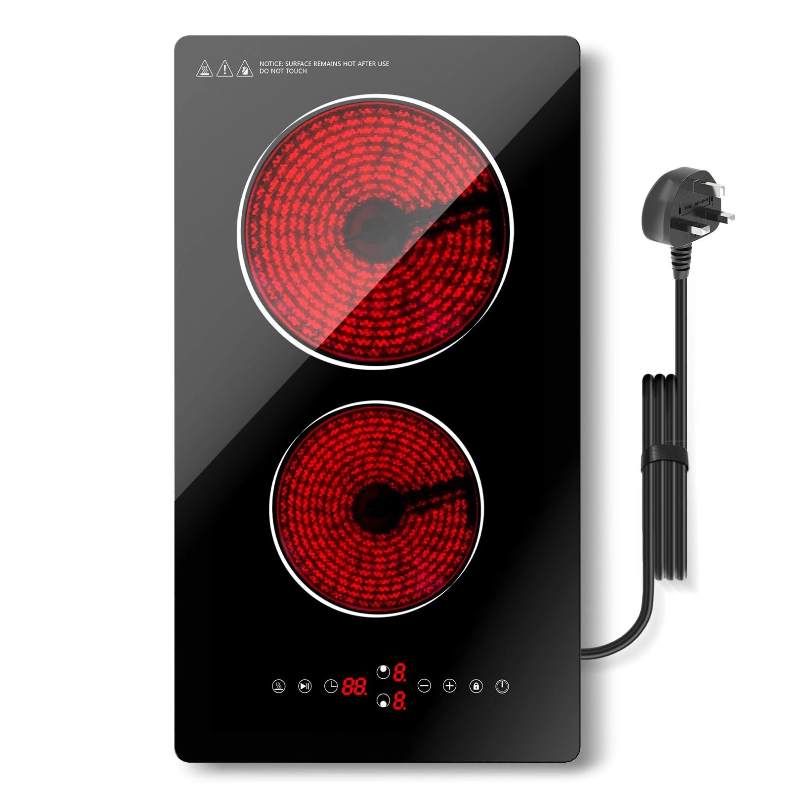 GRACEALL 2 Burner Electric Hob 3000W, Built-in & Plug-in Ceramic Cooktop, Dual Zone Domino Glass Infrared Kitchen Stove with Timer, Pause, Keep Warm & Child Lock