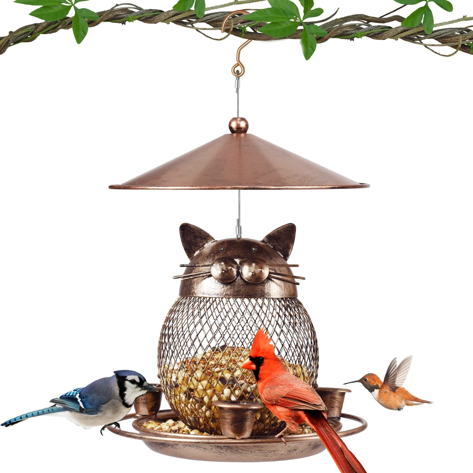 IWTTWY Bird Feeder for Outside, Squirrel Proof Metal Bird Feeders Hanging, Large Capacity Wild Bird Seed Feeder for Garden Yard Attracting Birds, Cat Shape
