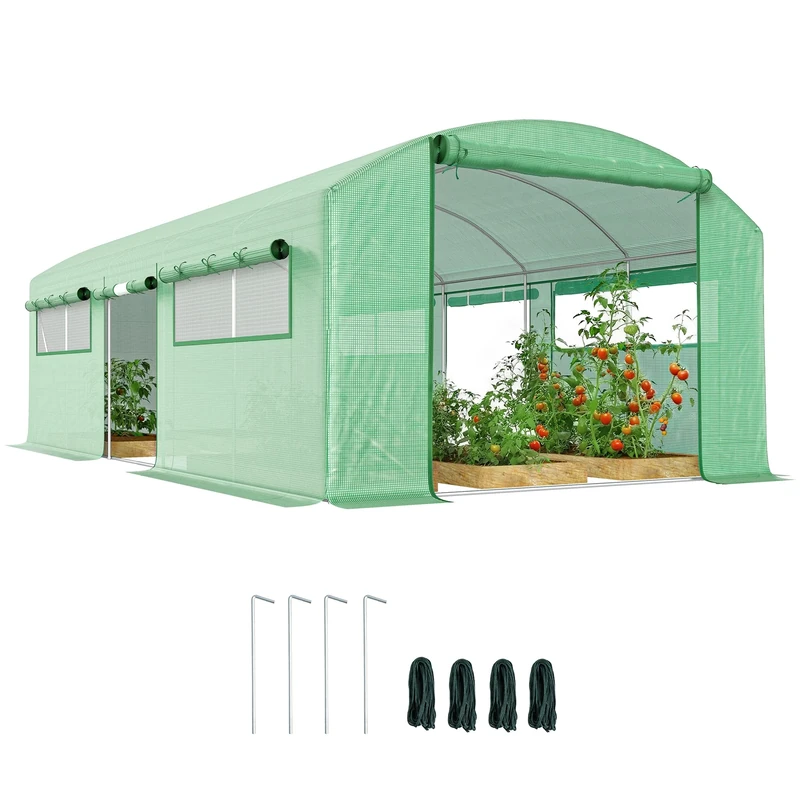Outsunny 6 x 3 x 2m Polytunnel Greenhouse with 3 Roll-up Doors and Mesh Windows, Walk-in Garden Tunnel Warm House Tent with UV-resistant PE Cover and Galvanised Steel Frame, Green