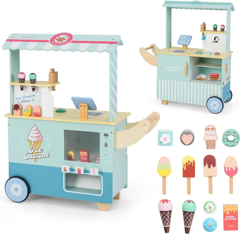 FANTASK Green Ice Cream Trolley Children's Wooden Shop with 15 Accessories & Ice Cream Maker & Cash Register & Scanner & Sale