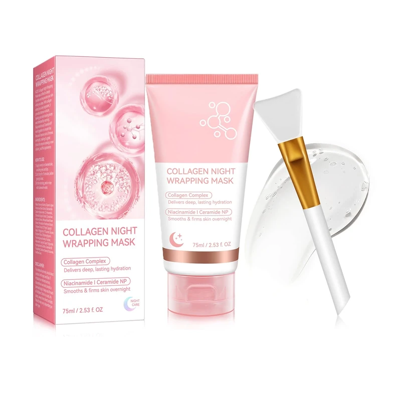 Collagen Night Wrapping Mask + Brush, Collagen Overnight Wrapping Peel Off Facial Mask, Purifying Exfoliating Gel for Dry & Dehydrated Skin, Hydration Care, Skin elasticity visible improved