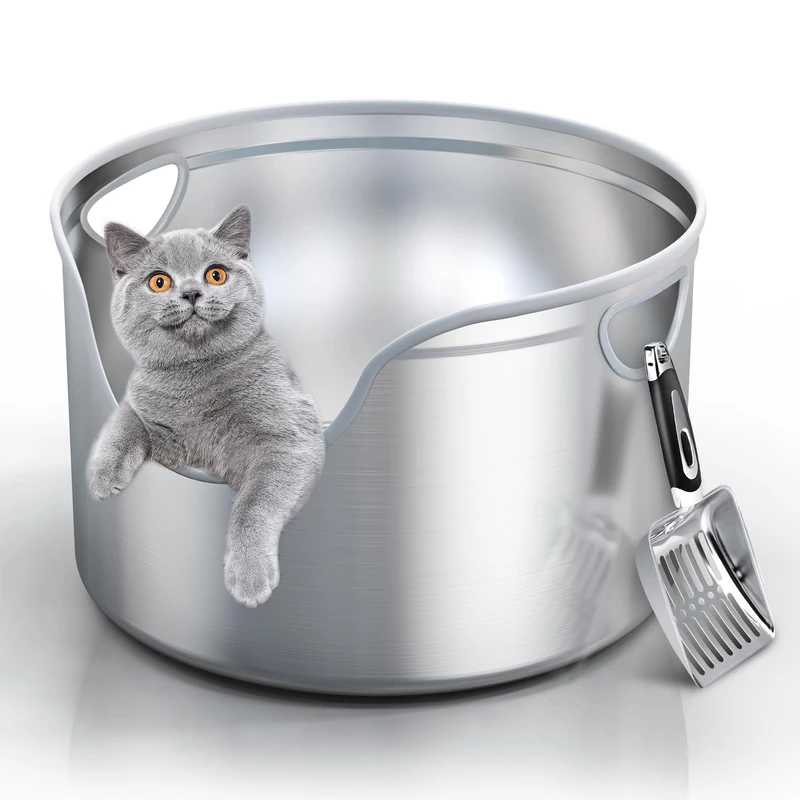 Aothey Stainless Steel Litter Box Metal with Integrated Round for XL/XXL Big and Multi Cats, 12" High Wall High Side, Odor Control, Easy to Clean, Durable, Includes Stainless Steel Scoop - Image 1