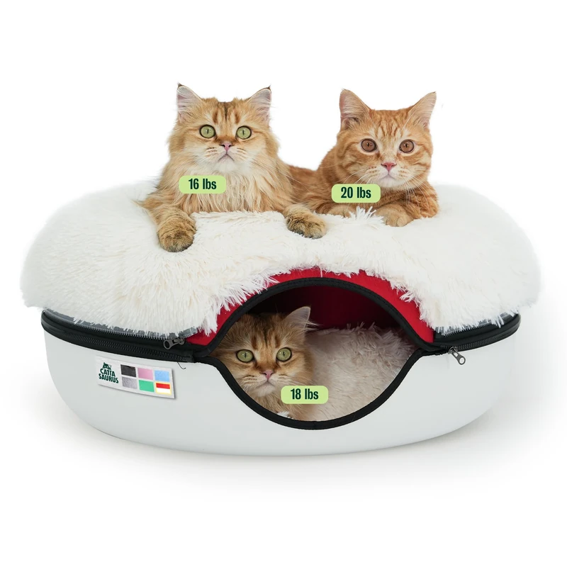 CATTASAURUS Calming Donut Cave for Multiple & Large Cats Up to 30-45 Lbs, Scratch Detachable & Washable Tunnel Bed, Comfy Donut Cat Cave (Ruby Snowball)