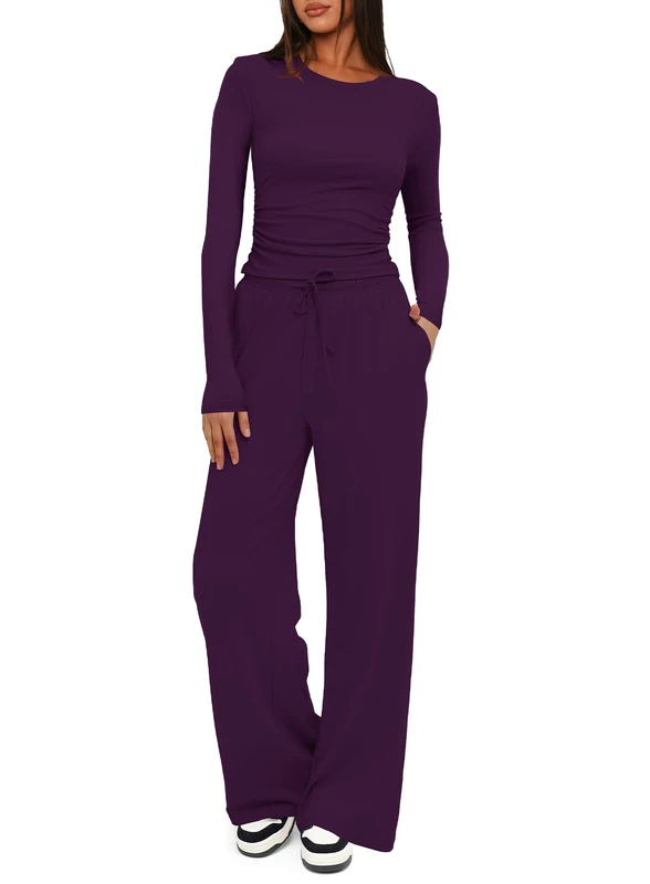 Darong Women's 2 Piece Sets Fall Outfits Long Sleeve Wide Leg Tracksuits Casual Lounge Set Matching Sets, Dark Purple(29" Inseam), Small