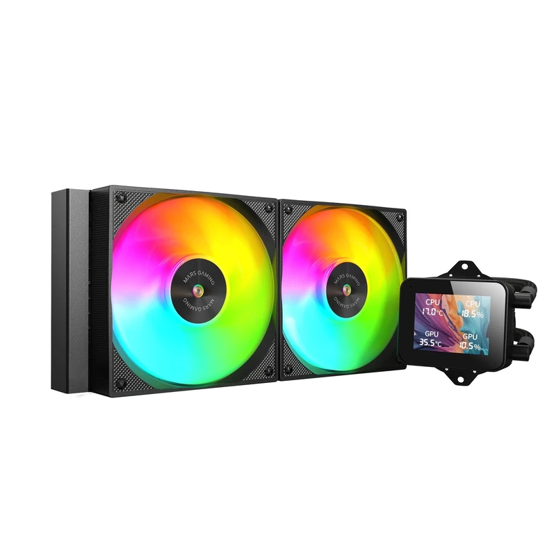 Mars Gaming ML-VISION240, AIO Liquid Cooling, TDP 500W, 2x ARGB Fans with Copper and Aluminum FDB Core, 4:3 IPS LCD Display with 360° Rotation and Software, Universal Multisocket, Black