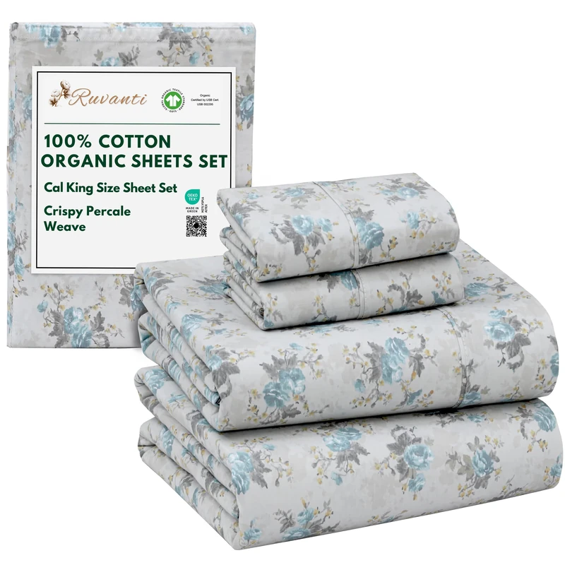 Ruvanti 100% Cotton Organic Percale Sheets Cal King Size, Blue Rose
