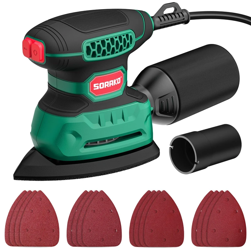SORAKO Electric Sander,220W 14000 OPM 230V Sander for Wood with Dust Collector and 16 Pieces of Sandpaper, Compact Sanding Machine is Perfect for Sanding, Polishing in Small Spaces