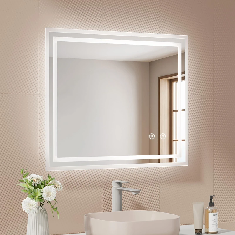 EMKE Bathroom Mirror with LED Light, 60 x 50 cm, Anti-fog, Touch Switch, Bathroom Mirror Cool White Dimmable, Memory Function, Auto Off After 3 Hours, LED Bathroom Mirror - Image 1
