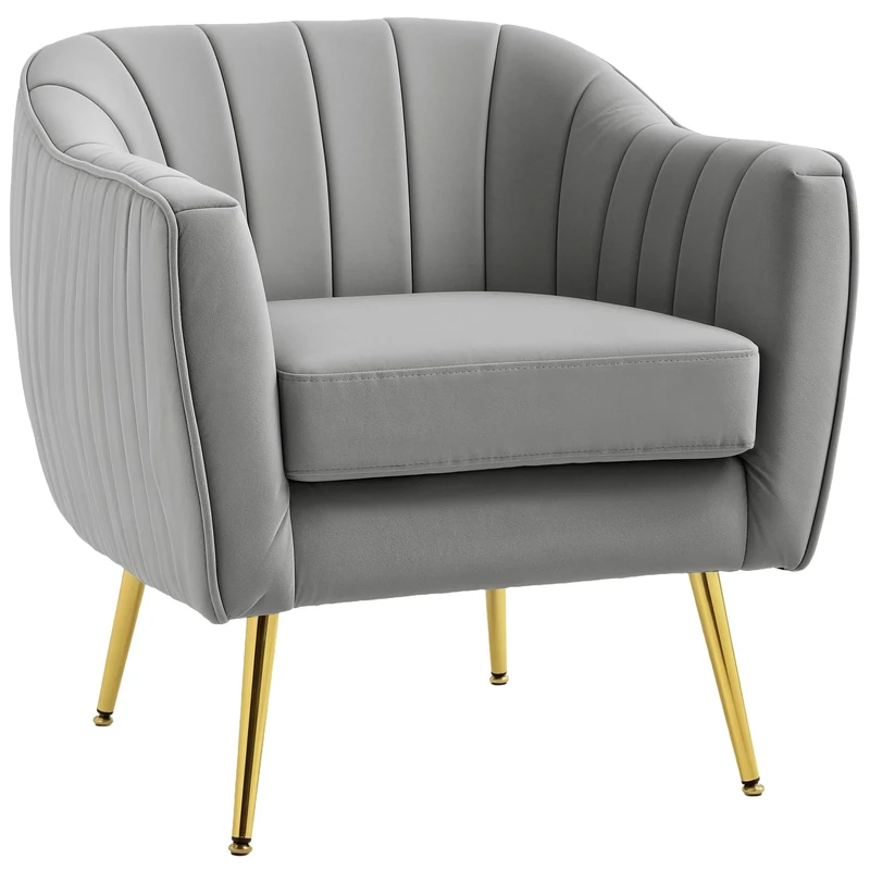 HOMCOM Velvet Tub chair, Luxury Accent Chair with Golden Metal Leg, Comfy Upholstered Armchair with Thick Padded Seat for Living Room, Grey