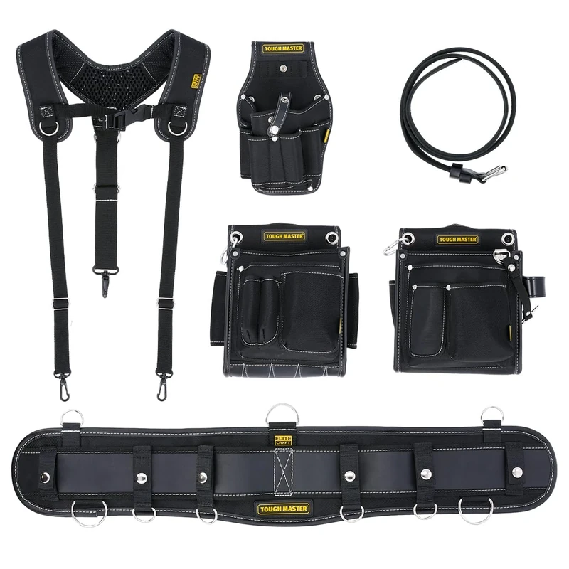 TOUGH MASTER Premium Tool Belt with Suspenders Drill Holster & Leather Work Belt, Professional Quality, Durable, Removable Multi-Pocket Pouches, Padded Belt with Massage Foam Support for Carpenters