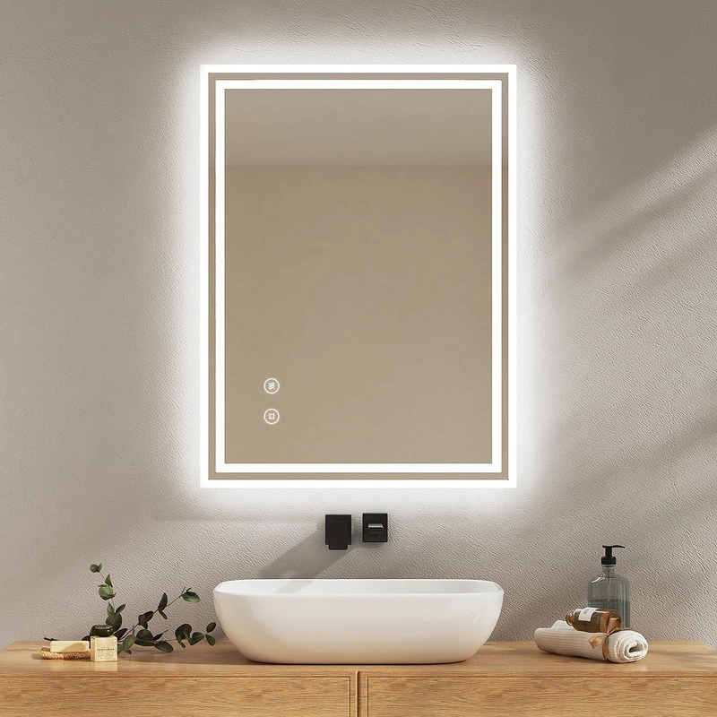 EMKE Bathroom Mirror with LED Light, 80 x 60 cm, Anti-fog, Touch Switch, Bathroom Mirror Cool White Dimmable, Memory Function, Auto Power Off After 3 Hours, LED Bathroom Mirror - Image 1