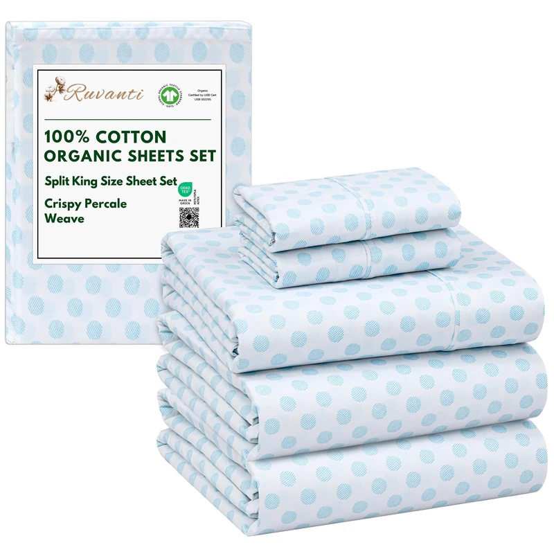 Ruvanti 100% Organic Cotton Sheets Split King, Percale Weave, GOTS Certified, 5-Piece Set, Deep Pocket 15", Crisp & Breathable, Soft Durable Bedding, Sábanas Algodón Orgánico – Circle Imprint