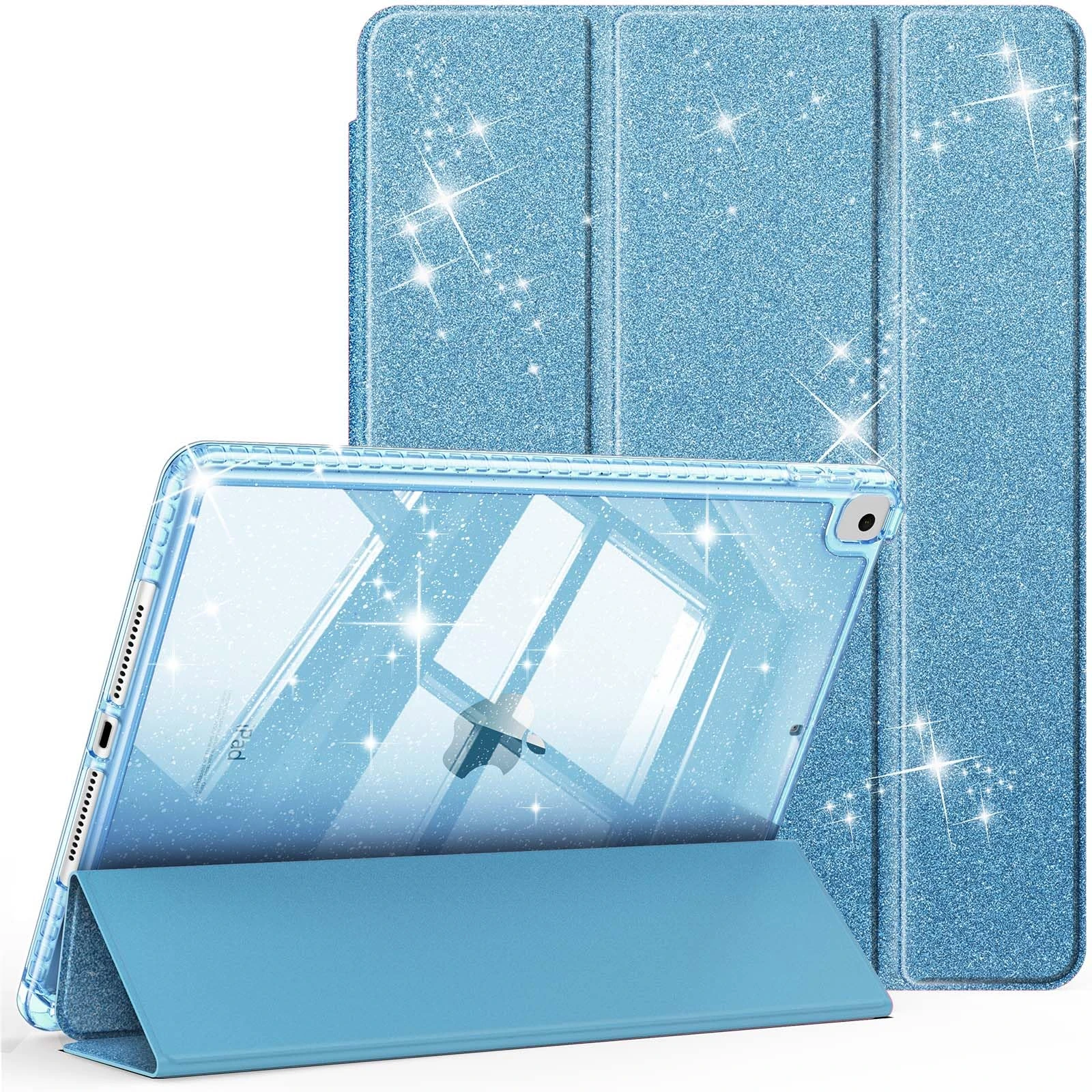 FINTIE Slim Case for iPad 9th / 8th / 7th Generation (2021/2020 / 2019) 10.2 Inch - [Built-in Pencil Holder] Glittering Sparkly Shockproof Cover with Shiny Clear Back Shell, Auto Wake/Sleep, Blue