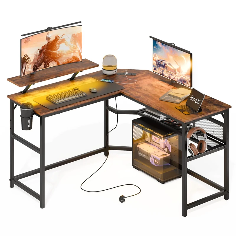 Mondeer L Shaped Gaming Desk, 130 x 130 cm Computer Desk with LED Lights 2 Power Outlets and 2 USB Ports, Reversible Corner Desk with Storage Shelf, for Home Office Bedroom, Rustic Brown