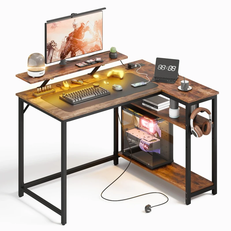 Mondeer L Shaped Gaming Desk with LED Lights, 120 x 90 cm Reversible Computer Desk with 2 Power Outlets and 2 USB Charging Storage Shelf, for Gaming Room Home Office Bedroom, Rustic Brown