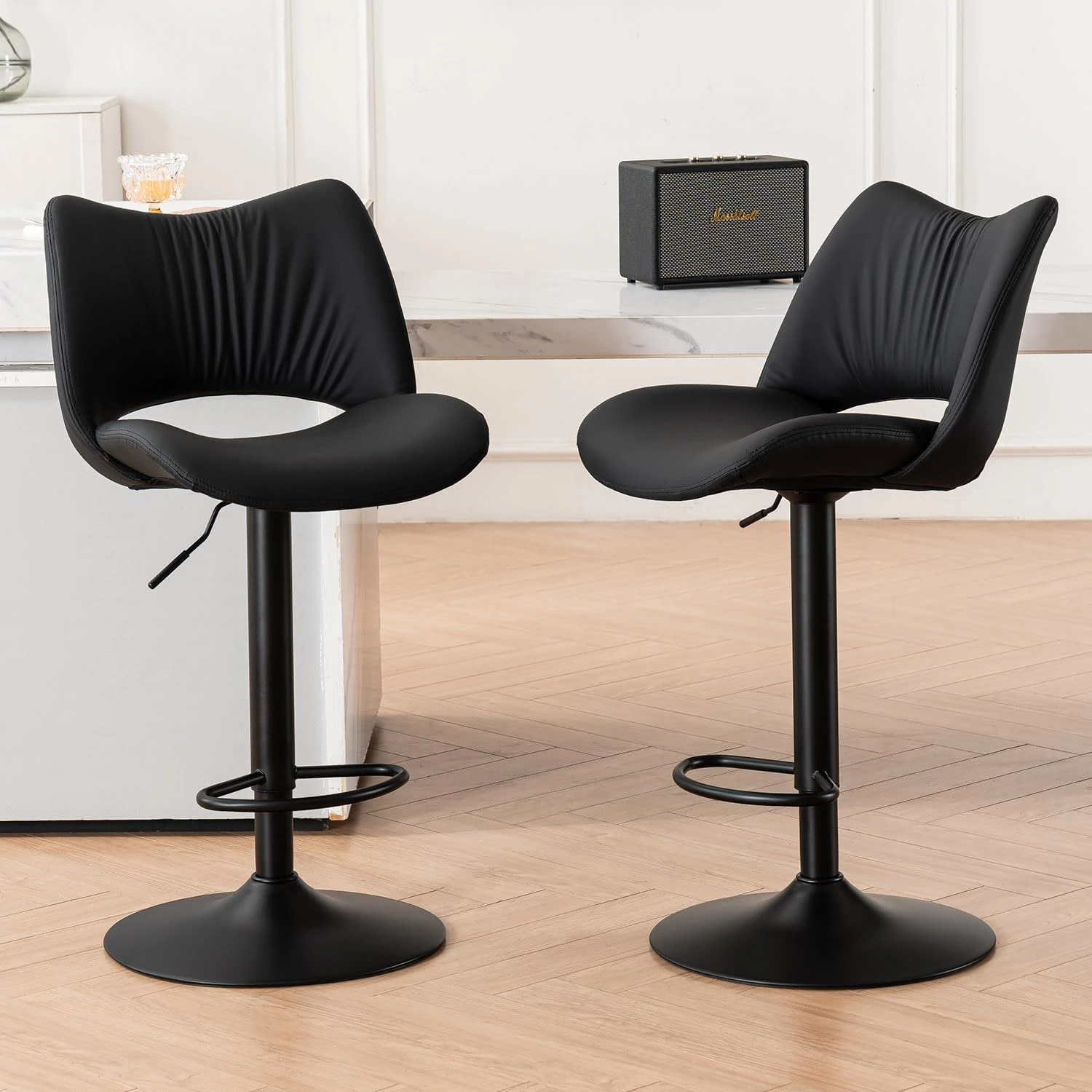 YOUNUOKE Bar Stools Set of 2, Adjustable Breakfast Bar Stools with Open Back, PU Leather Modern Kitchen Counter Height Chairs with Thickened Seat, 300LBS Support, Black