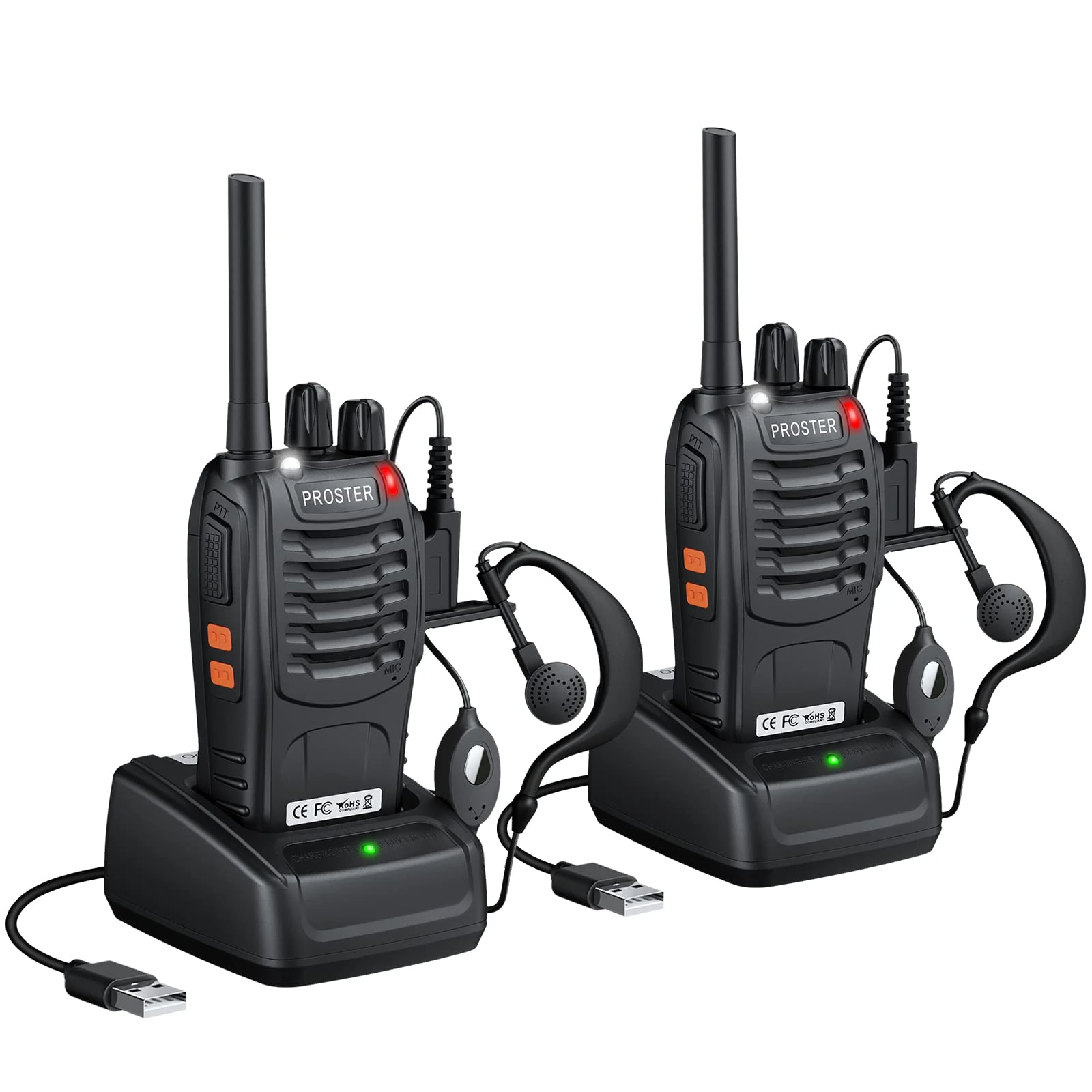 Proster Walkie Talkies for Adults Long Range - Rechargeable Walkie Talkies 2PCS with 16 Channels, VOX Function, LED Flashlight, Earpieces 2 Way Radio for Hiking Camping & Outdoor Activities