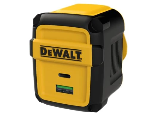 DeWALT 2-Port Europe PD Wall Charger 49.5W one USB C port and one Qualcomm® Quick Charge™ 3.0 USB A port. It offers 2.5x faster charging speed for powerful devices due to advanced Power Delivery