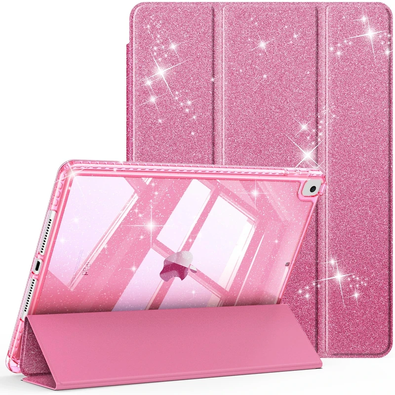 FINTIE Glitter Case for iPad 9th / 8th / 7th Generation (2021/2020 / 2019) 10.2 Inch - [Built-in Pencil Holder] Sparkly Shockproof Cover with Shiny Clear Back Shell, Auto Wake/Sleep, Pink