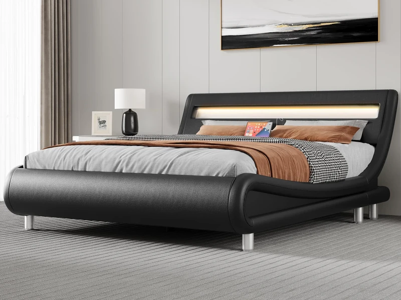YITAHOME King Bed Frame with Ergonomic Headboard,Upholstered Led with Lights & Storage Charging Station, Black Color Platform with Premium Pu Leather/No Box Spring Needed,House