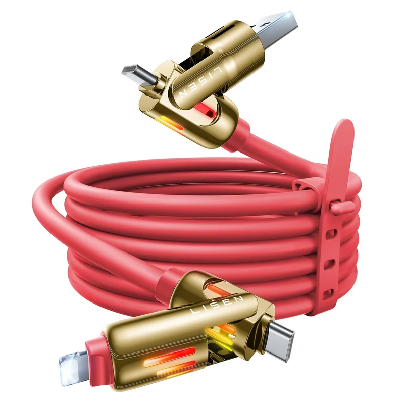 LISEN 240W USB C to USB C, 4 in 1 Charging Cable (6.6FT) with Light, USB A/C to C/L Multi Charging Cable for iPhone 16 15 14 Pro Max/MacBook/iPad Pro/SamSungS24,Red