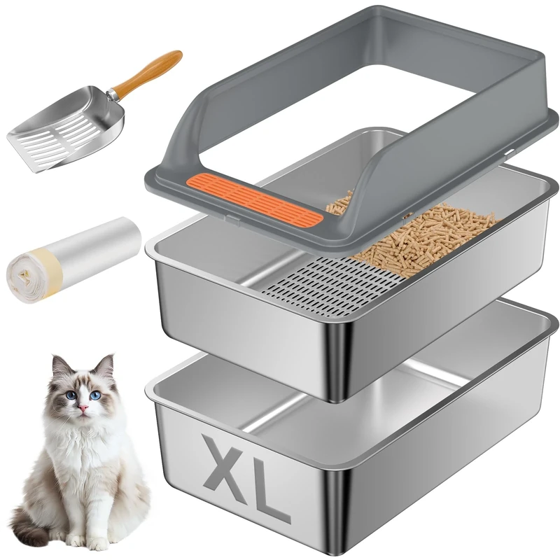 Stainless Steel Sifting Litter Box with Lid, XL Extra Large Sifting Cat Litter Box for Pine Pellets & Big Cats,Metal Pellet Sifter Litter Pan System for Odor Control,Sifting Box Liners & Scoop