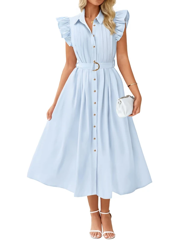 ZESICA Women's 2025 Summer Boho Button Midi Dresses Casual V Neck Flutter Sleeve Belted Long Dresses with Pockets, Light Blue, S