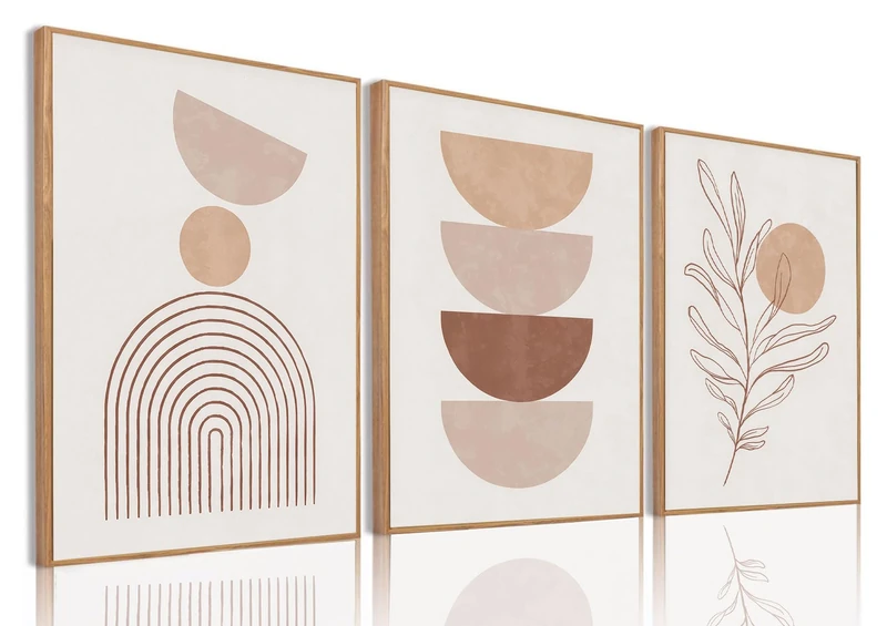 Bwodke Framed Boho Canvas Wall Art Neutral Abstract Posters Prints Set of 3 Mid Century Geometric Plant Paintings Modern Pictures Decor Bedroom Living Room Bathroom