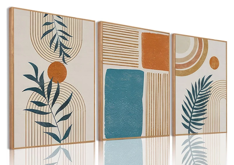 Bwodke Boho Wall Art, Framed Abstract Wall Art, botanical Neutral Canvas Wall Decor, Large Mid Century Plant Pictures Set of 3, Modern Minimalist Paintings ，for Bedroom Living Room Bathroom