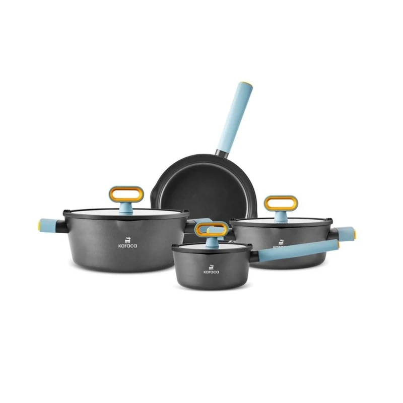 Karaca Swiss Crystal Fancy 7-Piece Ceramic Pots and Pans Sets Non-Stick, Induction Cookware Set, PFAS-Free, Black with Blue Handle, Includes Saucepan, Cooking Pots, Frying Pan