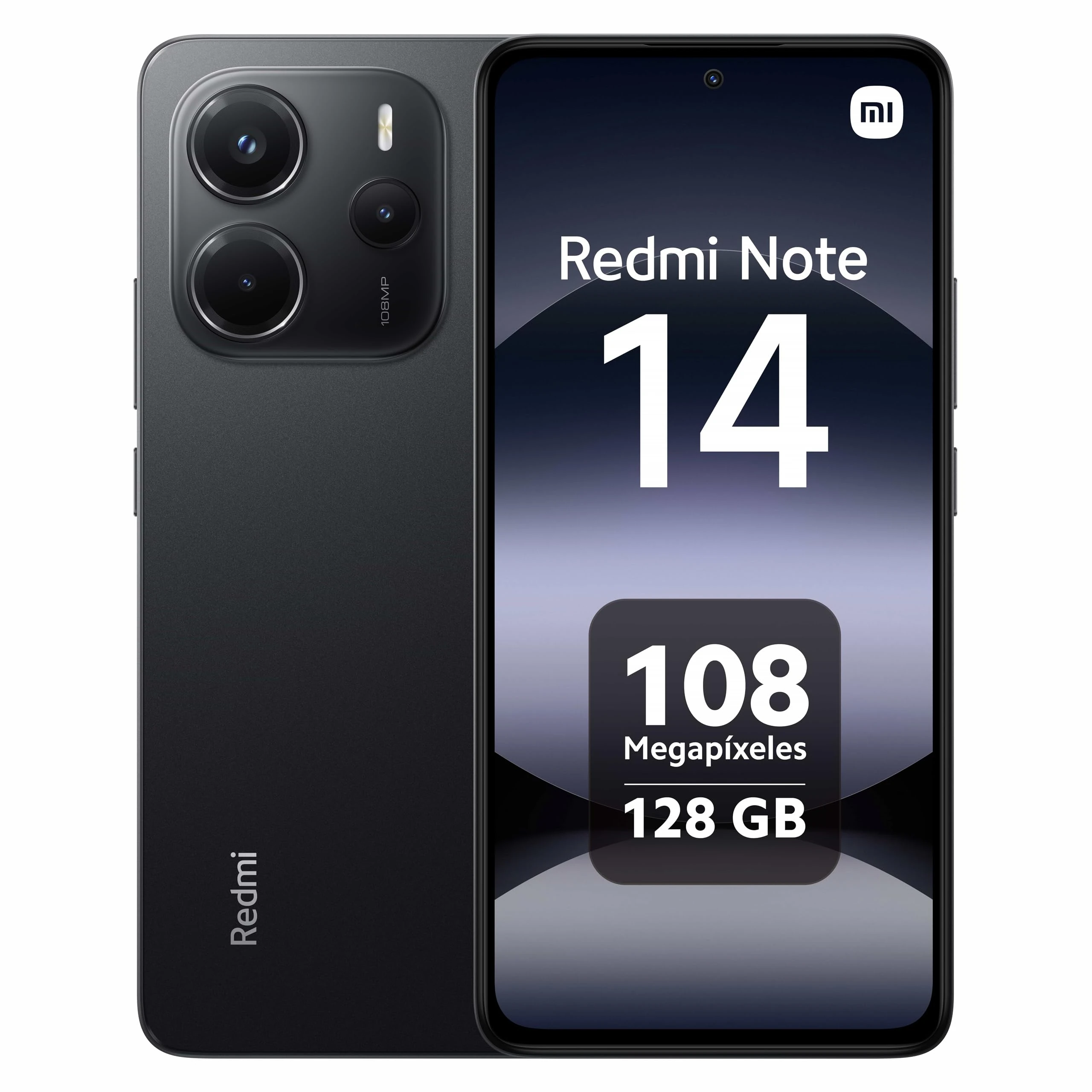 Xiaomi Redmi Note 14 smartphone, 6+128GB, black, 108MP AI camera system, 5500mAh battery, 120Hz eye-care display, AI features (no charger included), 2 year Warranty