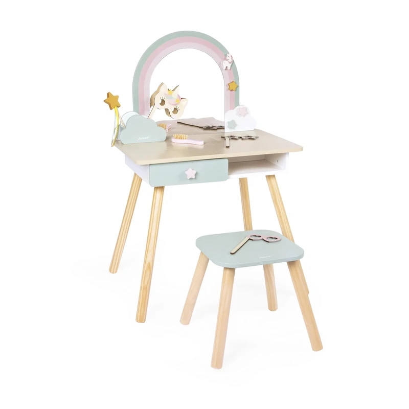 Janod - Girl's dressing table - Unicorn theme - Imitation game - Dressing table with mirror and toy stool - 10 accessories - Dim 56.6 x 42.5 x 86.25 cm - From 3 Years - J06464