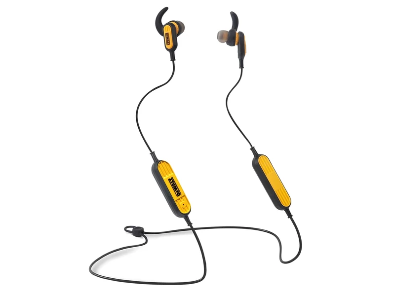 DEWALT Jobsite Wireless Earphones are durable and water-resistant built-in volume, playback controls and Bluetooth®(Extra ear cushions and shirt clip included)